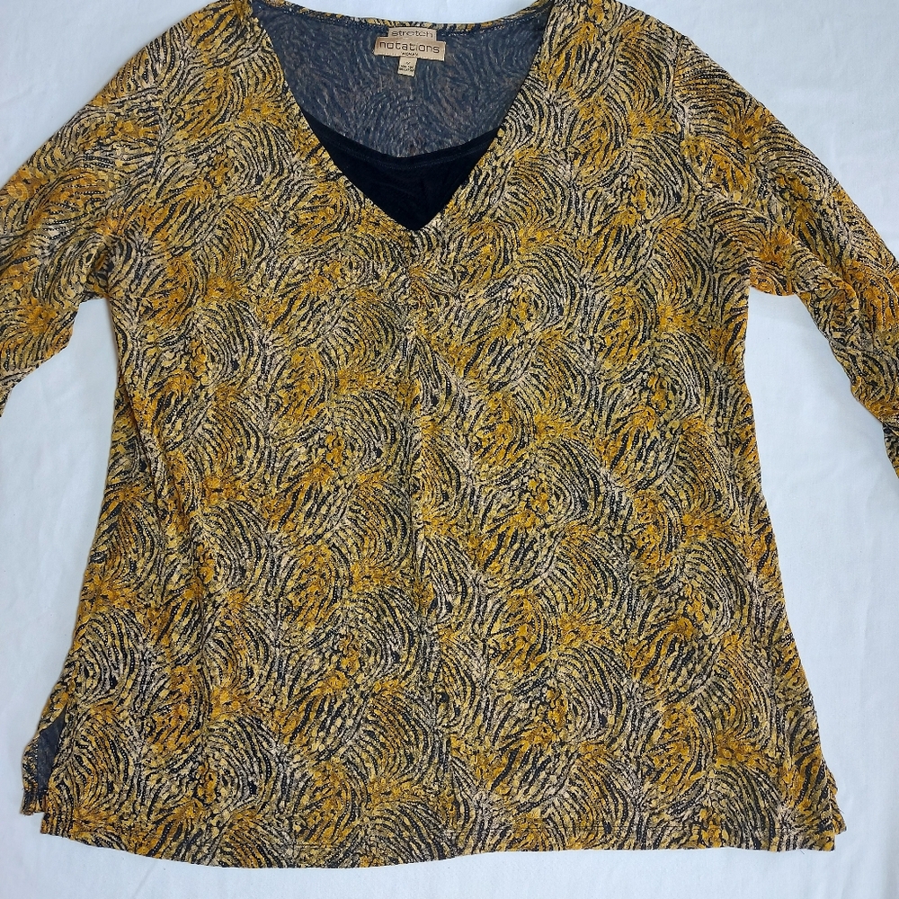 Notations Animal Print V-Neck Top 3/4 Sleeve Blouse Gold Black Zebra Pattern Top
